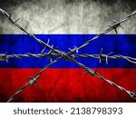 Sanctions against Russia Russian flag barbed wire across background concept