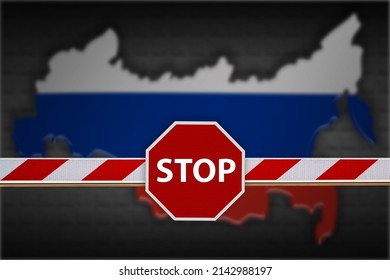 Sanctions against Russia for the war in Ukraine concept. Flag Map of Russian Federation in the colors of the flag behind the barrier with a stop sign