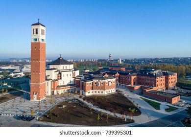 Sanctuary, Church And Information Center Commemorating Activity Of Pope John Paul II. Lagiewniki, Krakow, Poland. Aerial View. Divine Mercy Church And St Faustina Sanctuary In The Background