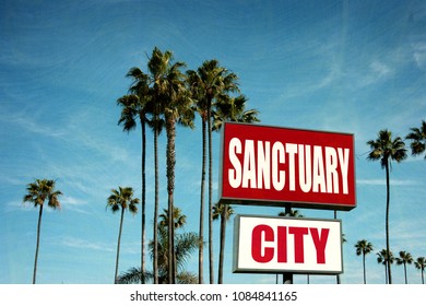 Sanctuary City Sign With Palm Trees