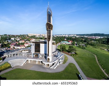 Sanctuary of  Divine Mercy, church, park and the Way of the Cross in Lagiewniki, Cracow, Poland. Aerial view