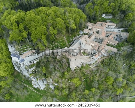Sanctuary of La Verna, Tuscany, Italy. This place is a famous Christian shrine because is where St. Francis of Assisi received the stigmata on September 14, 1224. Aerial view. Drone.