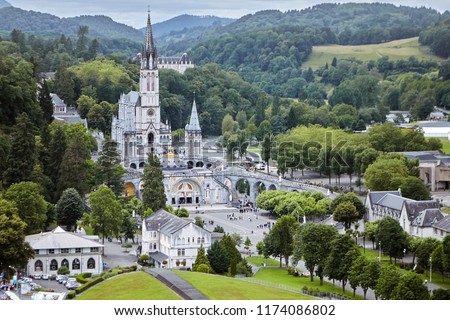 The Sanctuary of Our Lady of Lourdes or the Domain. The Hautes-Pyrenees department in the Occitanie region in south-western France