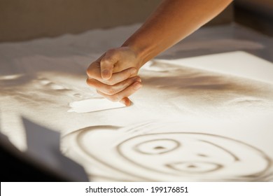 Sand Animation. Hands Girls Draw Sand 