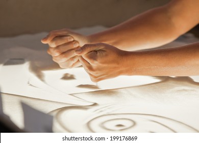 Sand Animation. Hands Girls Draw Sand 