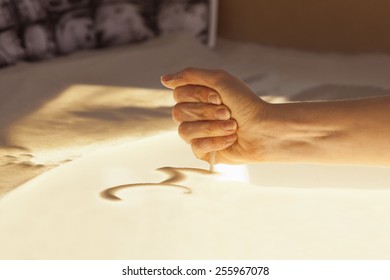 Sand Animation. Hands Girls Draw Sand