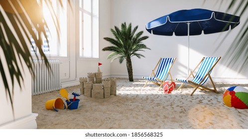 Sand From The Beach With A Deck Chair At Home As A Quarantine Vacation Concept During Coronavirus Lockdown Infection Protection