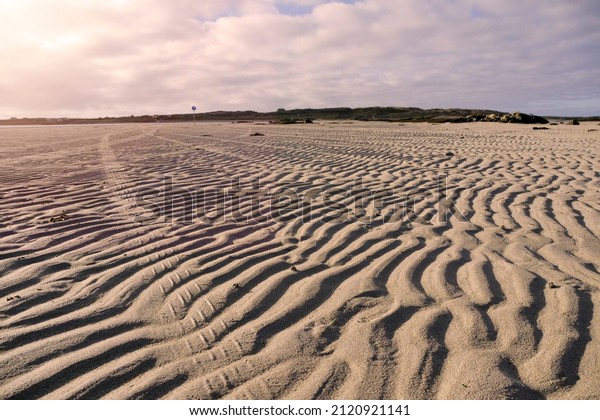 Sand beach at low tide and car tire print lead to\
Omey island, county Galway, Ireland. Nobody. Travel and\
transportation concept