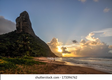 Sand beach and Morro do Pico at sunset, Fernando de Noronha island, Pernambuco (Brazil)