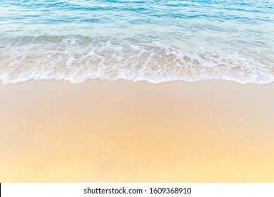 Sand Beach Seaside Background With Sandy Beautiful White Foamy And Wave From The Sea,beach Top View.