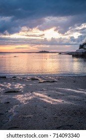 Sand Beach In Stonington, Maine, At Sunset.