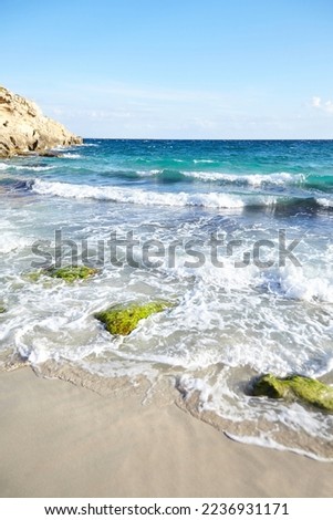 Sand beach, summer sea with blue sky. Sea water with white wave. Cala azzurra beach, Favignana island, Province of Trapani, Sicily, Italy. A beautiful seascape