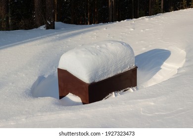 Sand Box Is A Fire Safety Element In The National Nature Reserve. The Sand Storage Box Is Covered With Deep Snow. Winter Scene