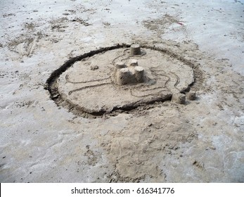 Sand Castle With Moat In Grey Sand, Northern Ireland