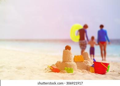 Sand Castle On Tropical Beach, Family Vacation Concept