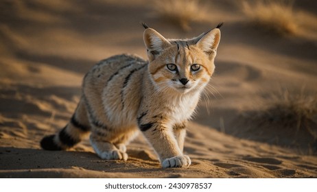 A Sand Cat Walking Silently in The Desert Heat