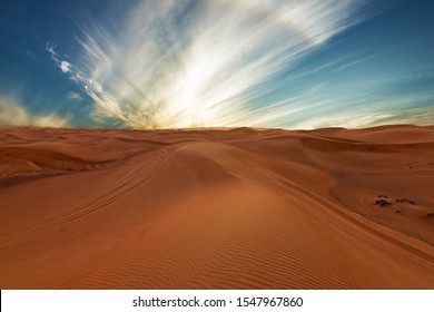 Sand desert natural landscape, sunset sky dramatic view.