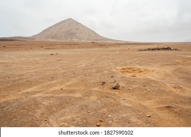 Sand Desert Of Sal Island, Cape Verde. On Background Pico Do Fogo, Volcano