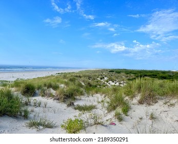 Sand Dunes In Front Of NJ Beach And Ocean