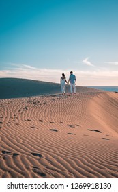 Sand Dunes Maspalomas Gran Canaria Spain, Couple In The Sand Dunes Desert Sand