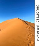 Sand dunes in the Namib desert, Africa. Striking contrast between the orange of the sand and the blue of the dunes.