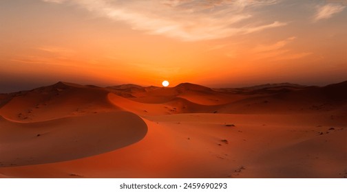 Sand dunes in the Sahara Desert at amazing sunrise, Merzouga, Morocco - Orange dunes in the desert of Morocco - Sahara desert, Morocco - Powered by Shutterstock