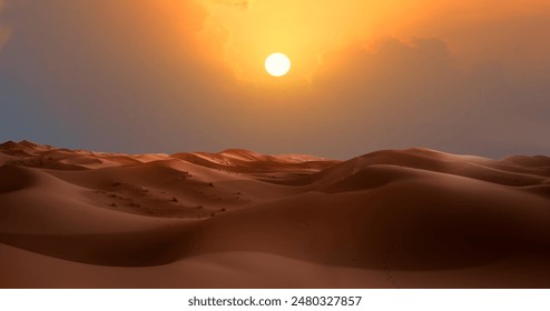 Sand dunes in the Sahara Desert at amazing sunrise, Merzouga, Morocco - Orange dunes in the desert of Morocco - Sahara desert, Morocco - Powered by Shutterstock