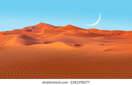 Sand dunes in the Sahara Desert, Merzouga, Morocco with crescent - Orange dunes in the desert of Morocco - Sahara desert, Morocco - Powered by Shutterstock