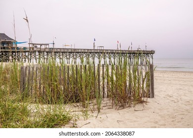 Sand fence and oatgrass in juxtaposition with downtown fishing pier on an overcast morning at Myrtle Beach, South Carolina, USA (foreground focus), for coastal, architectural, and environmental motifs