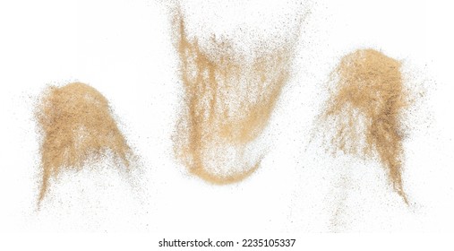Sand flying explosion, Golden sand wave explode. Abstract sands cloud fly. Yellow colored sand splash throwing in Air. White background Isolated high speed shutter, throwing freeze stop motion - Shutterstock ID 2235105337