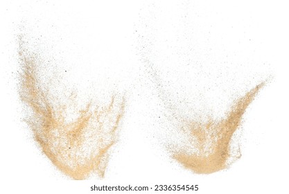 Sand flying explosion, Golden sand wave explode. Abstract sands cloud fly. Yellow colored sand splash throwing in Air. White background Isolated high speed shutter, throwing freeze stop motion - Shutterstock ID 2336354545