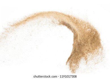 Sand flying explosion isolated on white background ,throwing freeze stop motion object design
