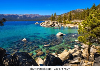 Sand Harbor Beach at Lake Tahoe, Nevada State Park, with Sierra Nevada Mountains in the background. - Powered by Shutterstock