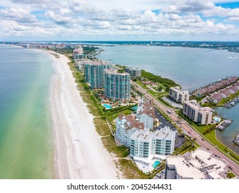 Sand Key Beach And Clearwater Beach FL. Spring Break Or Summer Vacations In Florida. Ocean Beach And Resorts In US. American Coast Or Shore. Island In Gulf Of Mexico. Aerial View Of City.