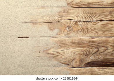 Sand On Planked Wood. Summer Background With Copy Space. Top View