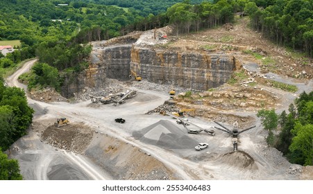 Sand open-pit mining quarry with processing plant for crushed stone. Extracting of natural resources for construction industry