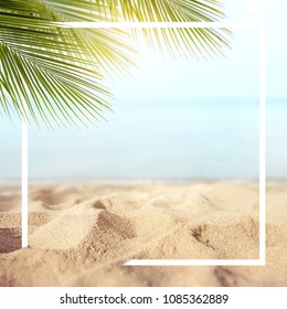 Sand With Palm And Tropical Beach And Sea Background With Frame Design For Creative Advertising Summer Vacation And Travel Concept. Copy Space