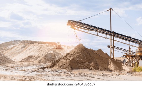 Sand quarry banner, Industrial plant with belt conveyor in open pit mining. Construction site, Industry machine for stone crusher.