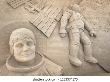 Sand Sculpture Depicting The First Moon Landing. Jesolo (VE), ITALY - July 29, 2017.