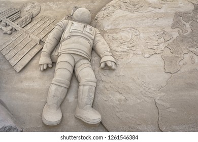 Sand Sculpture Depicting The First Moon Landing. Jesolo (VE), ITALY - July 29, 2017