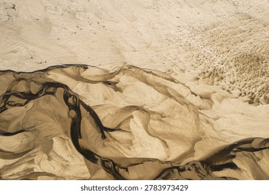 Sand and soil pattern in dry river bed from a bird's eye view, best for background.