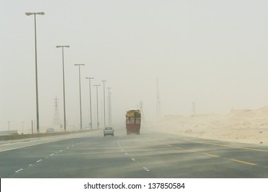 Sand Storm In Desert Road -  Photo Taken Near To Iraq And Kuwait Border