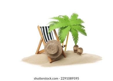 Sand with summer accessories isolated on white background