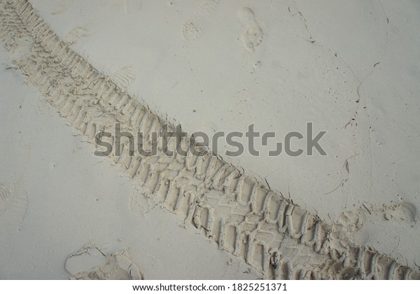 Sand surface with car wheel\
marks.
