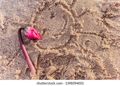 Sand Texture (background) With Hat,  Sunscreen (suncream), Sunglasses On The Beach.  The Empty Pattern For Message. Summer Vacations Concept. 