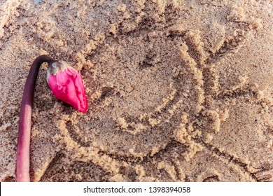 Sand Texture (background) With Hat,  Sunscreen (suncream), Sunglasses On The Beach.  The Empty Pattern For Message. Summer Vacations Concept. 