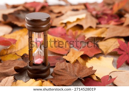 Sand timer placed on a bed of autumn leaves in a natural setting during fall season