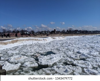 Sand Volcanos And Pancake Ice At Grand Haven Beach On Lake Michigan