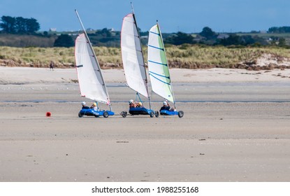 Sand yachting lessons on a beach in Finistère in Brittany.