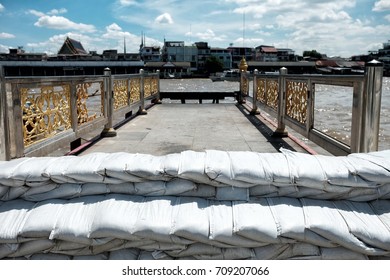 Sandbag For Flood At Chao Phraya River Bank, Bangkok Thailand.